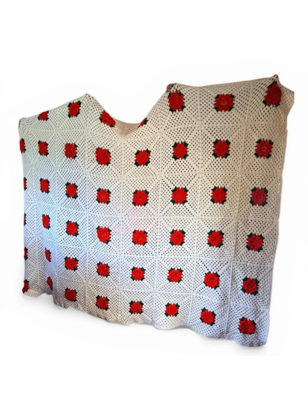 80X96 Crochet Granny Square Afghan Red Roses Hand Made White Background
